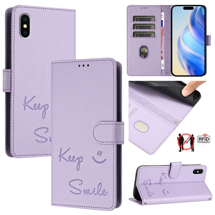 Smile Embossing RFID Leather Phone Case – Lanyard, Card Slot, Kickstand, For iPhone X / XS, For iPhone XR, For iPhone XS Max, For iPhone 8 Plus / 7 Plus For iPhone X XS Light Purple