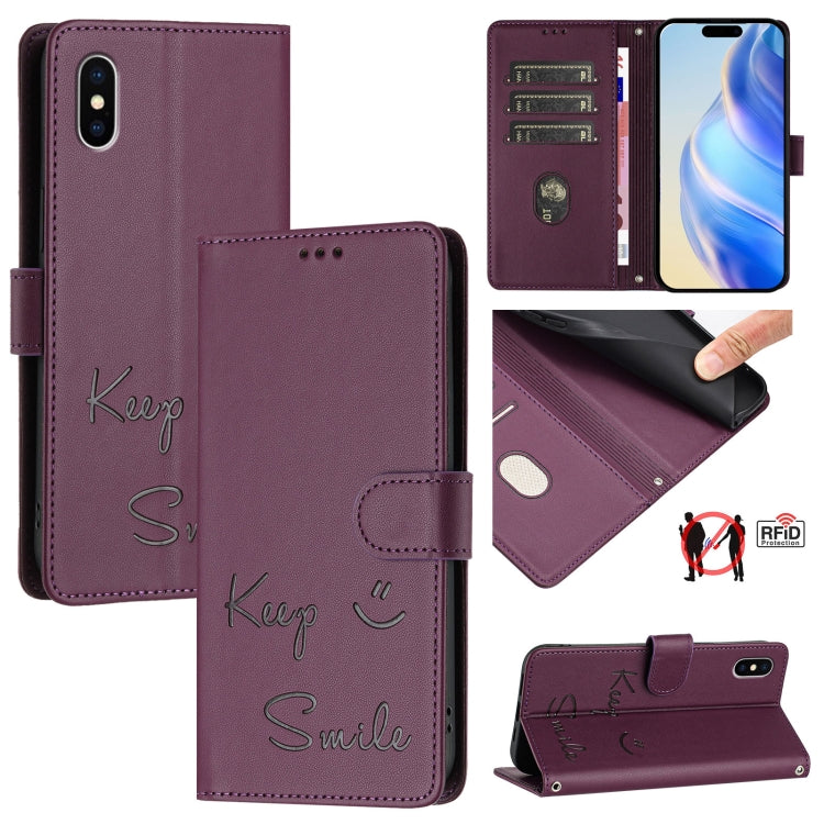 Smile Embossing RFID Leather Phone Case – Lanyard, Card Slot, Kickstand, For iPhone X / XS, For iPhone XR, For iPhone XS Max, For iPhone 8 Plus / 7 Plus For iPhone X XS Violet