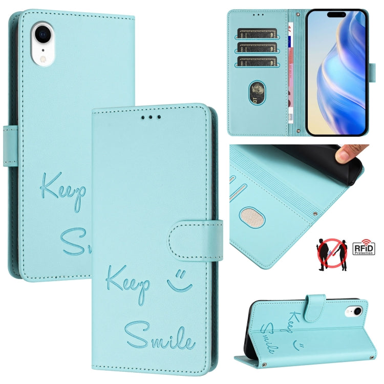 Smile Embossing RFID Leather Phone Case – Lanyard, Card Slot, Kickstand, For iPhone X / XS, For iPhone XR, For iPhone XS Max, For iPhone 8 Plus / 7 Plus For iPhone XR Mint Green