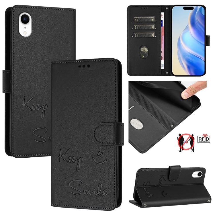 Smile Embossing RFID Leather Phone Case – Lanyard, Card Slot, Kickstand, For iPhone X / XS, For iPhone XR, For iPhone XS Max, For iPhone 8 Plus / 7 Plus For iPhone XR Black