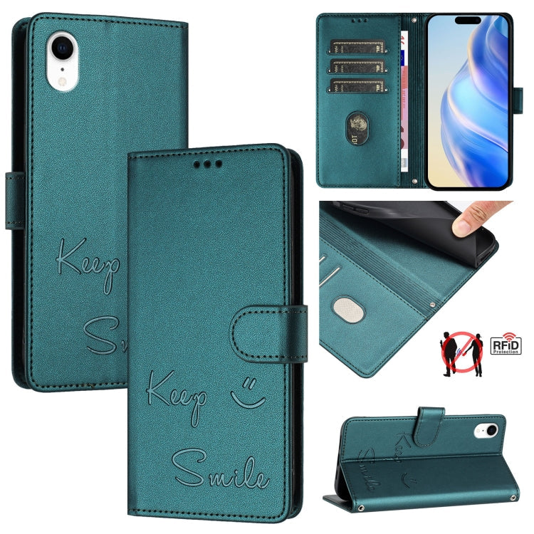 Smile Embossing RFID Leather Phone Case – Lanyard, Card Slot, Kickstand, For iPhone X / XS, For iPhone XR, For iPhone XS Max, For iPhone 8 Plus / 7 Plus For iPhone XR Peacock Green