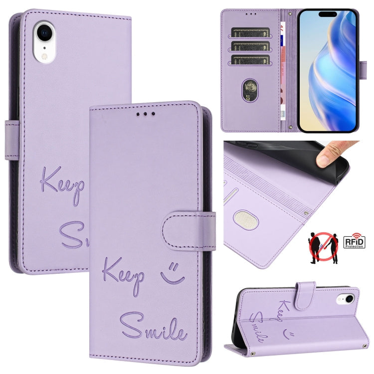 Smile Embossing RFID Leather Phone Case – Lanyard, Card Slot, Kickstand, For iPhone X / XS, For iPhone XR, For iPhone XS Max, For iPhone 8 Plus / 7 Plus For iPhone XR Light Purple