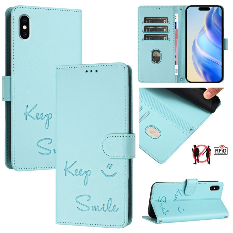 Smile Embossing RFID Leather Phone Case – Lanyard, Card Slot, Kickstand, For iPhone X / XS, For iPhone XR, For iPhone XS Max, For iPhone 8 Plus / 7 Plus For iPhone XS Max Mint Green