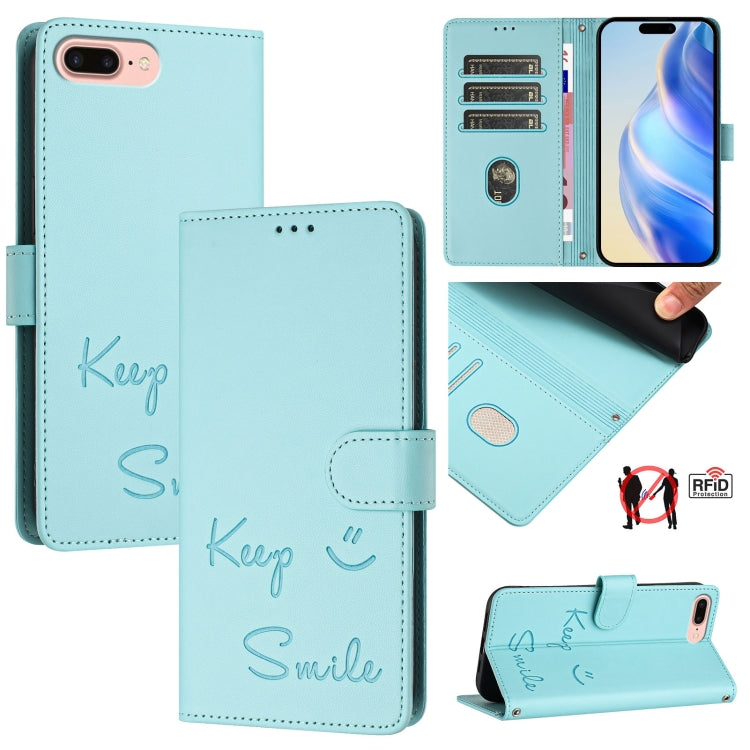 Smile Embossing RFID Leather Phone Case – Lanyard, Card Slot, Kickstand, For iPhone X / XS, For iPhone XR, For iPhone XS Max, For iPhone 8 Plus / 7 Plus For iPhone 8 Plus 7 Plus Mint Green