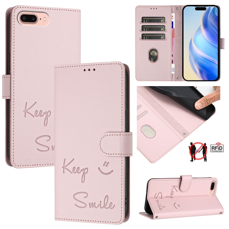 Smile Embossing RFID Leather Phone Case – Lanyard, Card Slot, Kickstand, For iPhone X / XS, For iPhone XR, For iPhone XS Max, For iPhone 8 Plus / 7 Plus For iPhone 8 Plus 7 Plus Pink