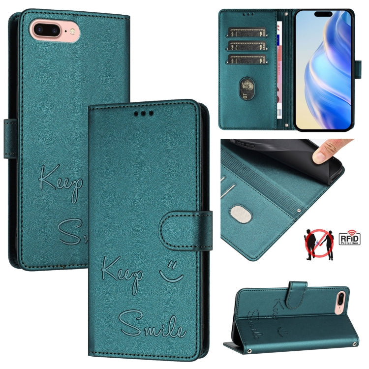 Smile Embossing RFID Leather Phone Case – Lanyard, Card Slot, Kickstand, For iPhone X / XS, For iPhone XR, For iPhone XS Max, For iPhone 8 Plus / 7 Plus For iPhone 8 Plus 7 Plus Peacock Green