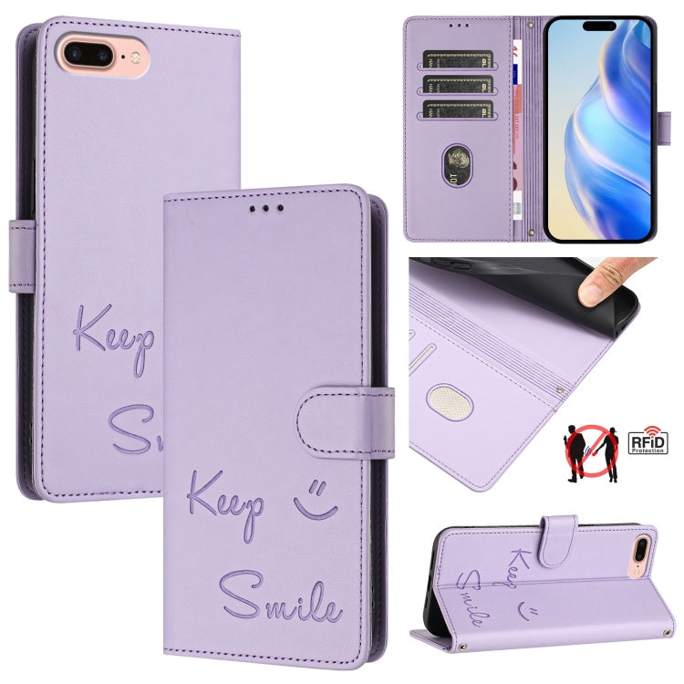 Smile Embossing RFID Leather Phone Case – Lanyard, Card Slot, Kickstand, For iPhone X / XS, For iPhone XR, For iPhone XS Max, For iPhone 8 Plus / 7 Plus For iPhone 8 Plus 7 Plus Light Purple