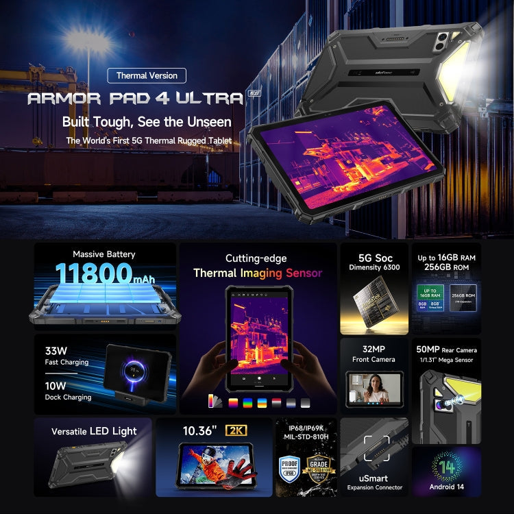 Ulefone Armor Pad 4 Ultra Thermal Version Rugged Tablet, 10.36 inch Android 14 MediaTek Dimensity 6300 Octa Core 5G Network, EU Plug, Armor Pad 4 Ultra Thermal Imaging – Magnetic, Card Slot, Fast Charging