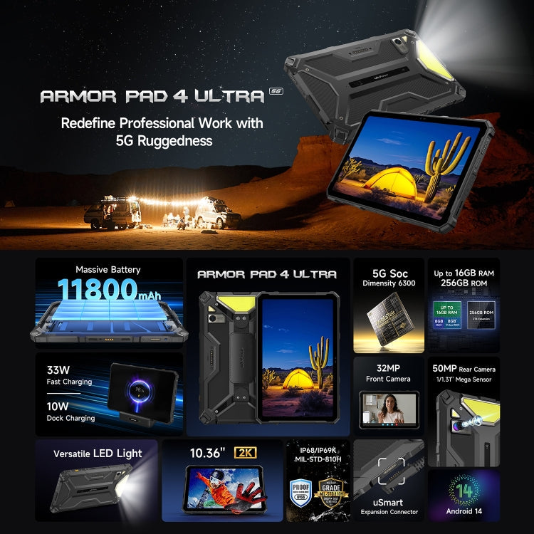 Ulefone Armor Pad 4 Ultra Rugged Tablet PC, 10.36 inch Android 14 MediaTek Dimensity 6300 Octa Core 5G Network, EU Plug, Armor Pad 4 Ultra – Magnetic, Card Slot, Fast Charging