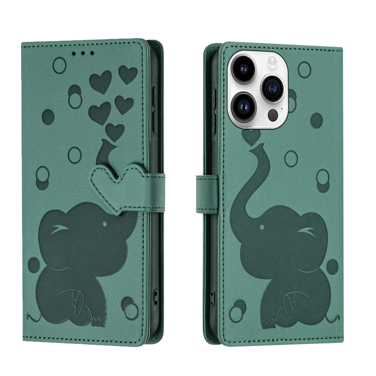 Cartoon Elephant Embossed Leather Phone Case – Lanyard, Card Slot, Kickstand, For iPhone 15 Pro Max, For iPhone 15 Pro, For iPhone 15 Plus, For iPhone 15 For iPhone 15 Pro Green