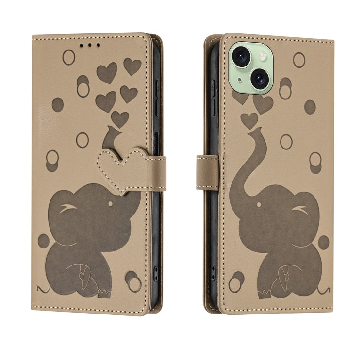 Cartoon Elephant Embossed Leather Phone Case – Lanyard, Card Slot, Kickstand, For iPhone 15 Pro Max, For iPhone 15 Pro, For iPhone 15 Plus, For iPhone 15 For iPhone 15 Plus Khaki