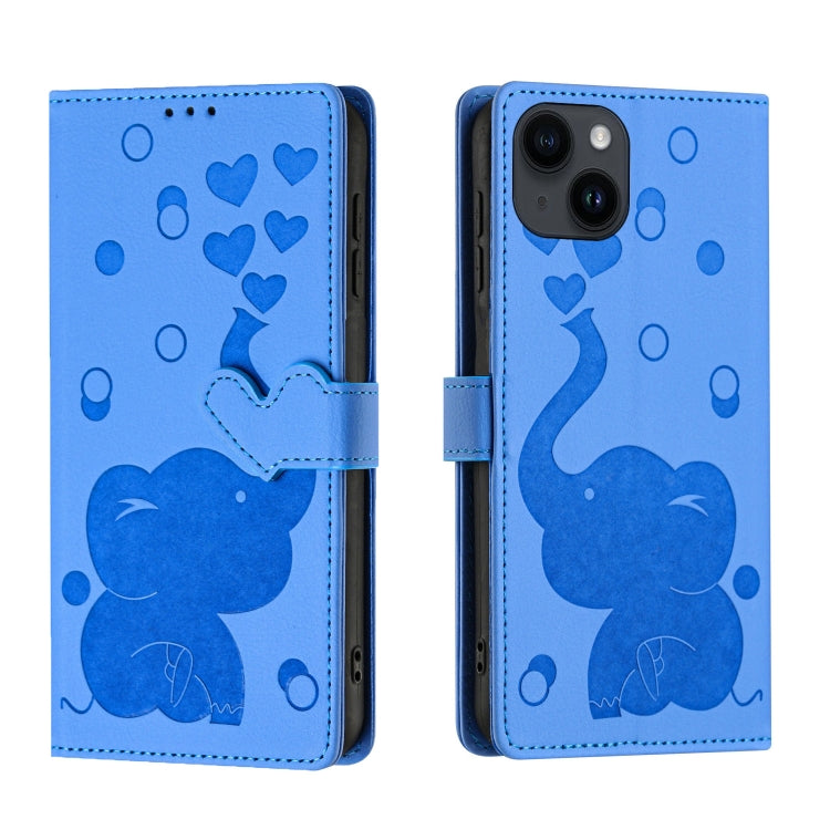 Cartoon Elephant Embossed Leather Phone Case, For iPhone 14 Plus, For iPhone 14, For iPhone 14 Pro, For iPhone 14 Pro Max For iPhone 14 Plus Blue