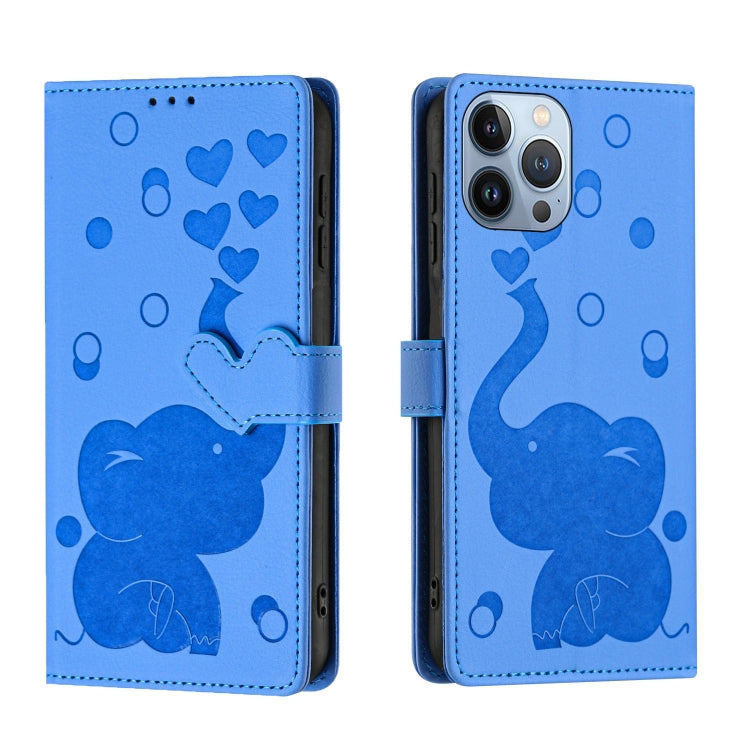 Cartoon Elephant Embossed Leather Phone Case – Lanyard, Card Slot, Kickstand, For iPhone SE 2022 / 2020, For iPhone 13 Pro Max, For iPhone 13 Pro, For iPhone 13 For iPhone 13 Pro Max Blue
