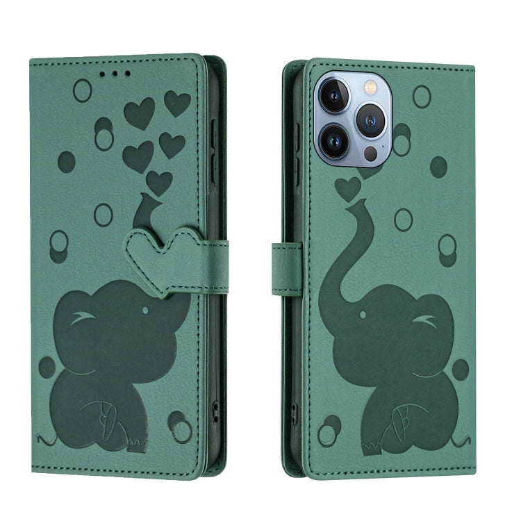Cartoon Elephant Embossed Leather Phone Case – Lanyard, Card Slot, Kickstand, For iPhone SE 2022 / 2020, For iPhone 13 Pro Max, For iPhone 13 Pro, For iPhone 13 For iPhone 13 Pro Max Green