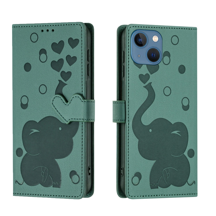 Cartoon Elephant Embossed Leather Phone Case – Lanyard, Card Slot, Kickstand, For iPhone SE 2022 / 2020, For iPhone 13 Pro Max, For iPhone 13 Pro, For iPhone 13 For iPhone 13 Green