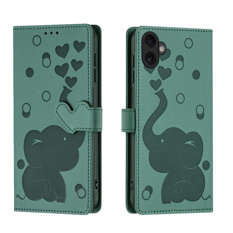 Cartoon Elephant Embossed Leather Phone Case – Lanyard, Card Slot, Kickstand, For iPhone 17 Pro Max, For iPhone 17 Pro, For iPhone 17, For iPhone Air For iPhone 17 Green