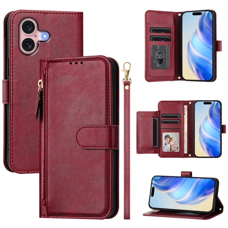 Multi-Card Slots Zipper Wallet Leather Phone Case – Wear-resistant, Card Slot, Kickstand, For iPhone 16, For iPhone 15 Pro Max, For iPhone 15 Pro, For iPhone 15 Plus For iPhone 16 Dark Red
