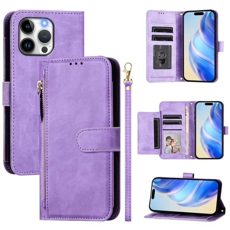 Multi-Card Slots Zipper Wallet Leather Phone Case – Wear-resistant, Card Slot, Kickstand, For iPhone 16, For iPhone 15 Pro Max, For iPhone 15 Pro, For iPhone 15 Plus For iPhone 15 Pro Max Purple