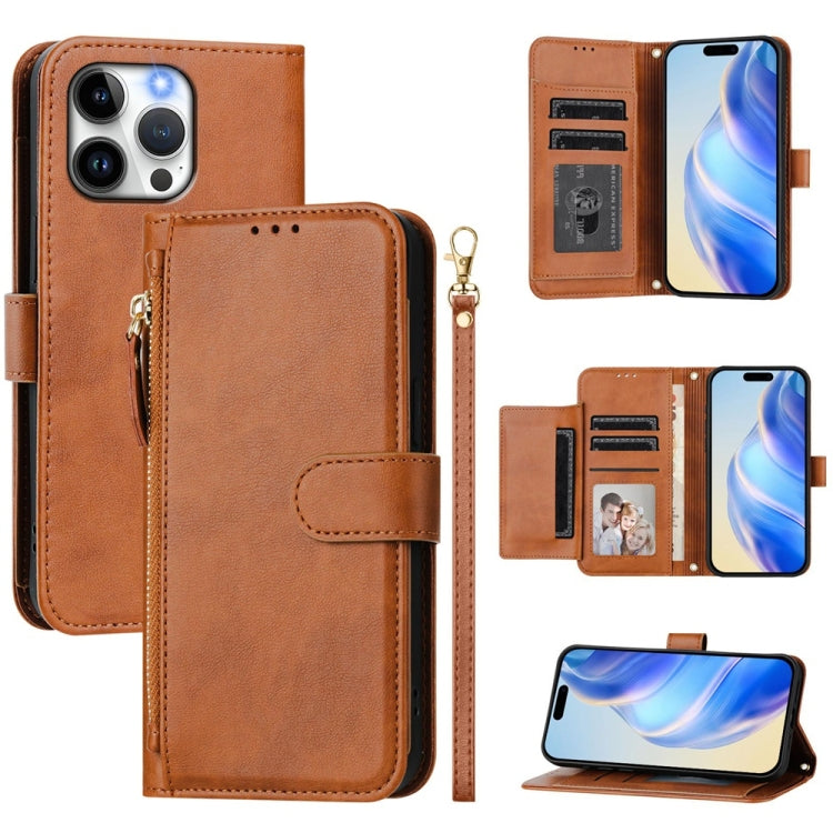 Multi-Card Slots Zipper Wallet Leather Phone Case – Wear-resistant, Card Slot, Kickstand, For iPhone 16, For iPhone 15 Pro Max, For iPhone 15 Pro, For iPhone 15 Plus For iPhone 15 Pro Max Brown