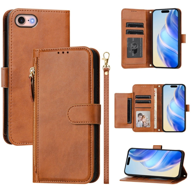 Multi-Card Slots Zipper Wallet Leather Phone Case – Wear-resistant, Card Slot, Kickstand, For iPhone 14 Pro Max, For iPhone SE 2022 / 2020 / 8 / 7, For iPhone 13 Pro Max, For iPhone 13 Pro For iPhone SE 2022 2020 8 7 Brown
