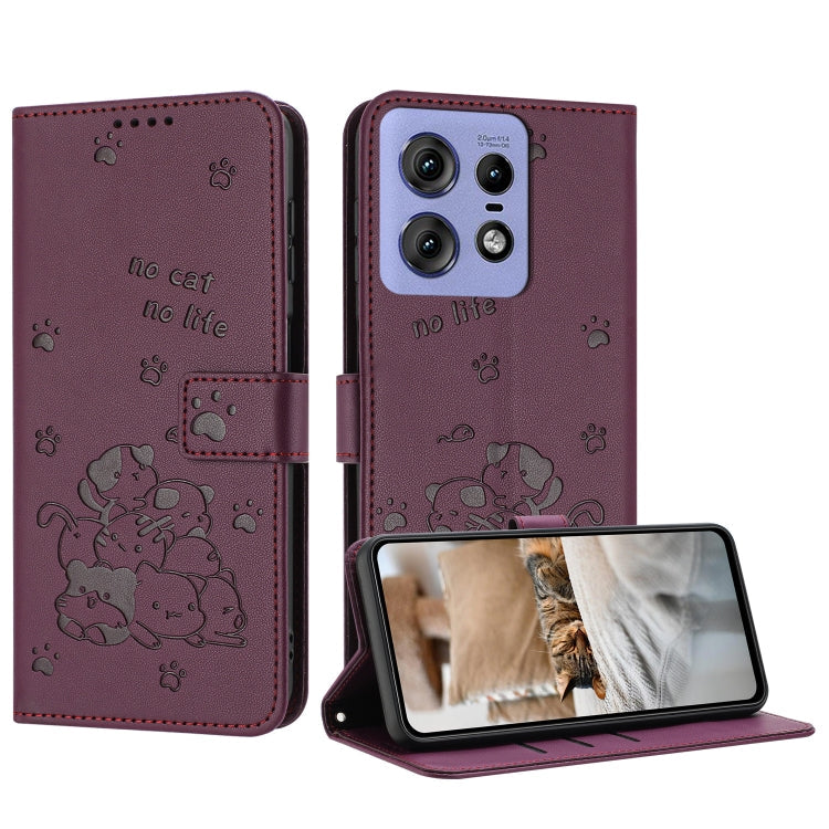 Embossed Kitten Phone Leather Case with Lanyard – Lanyard, Card Slot, Leather, For Motorola Moto G85, For Motorola Edge 2024 5G, For Motorola Edge 50 Ultra, For Motorola Edge 50 Pro For Motorola Edge 50 Pro Wine Red