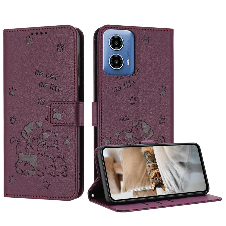 Embossed Kitten Phone Leather Case with Lanyard – Lanyard, Card Slot, Leather, For Motorola Moto G85, For Motorola Edge 2024 5G, For Motorola Edge 50 Ultra, For Motorola Edge 50 Pro For Motorola Edge 2024 5G Wine Red