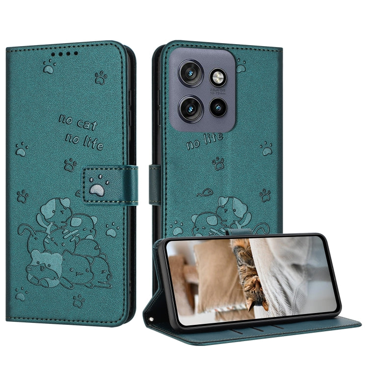 Embossed Kitten Phone Leather Case with Lanyard – Lanyard, Card Slot, Leather, For Motorola Moto S50 / Edge 50 Neo, For Motorola Moto G35, For Motorola Moto G55, For Motorola Moto G04 / G24 / G04s For Motorola Moto S50 Edge 50 Neo Dark Green