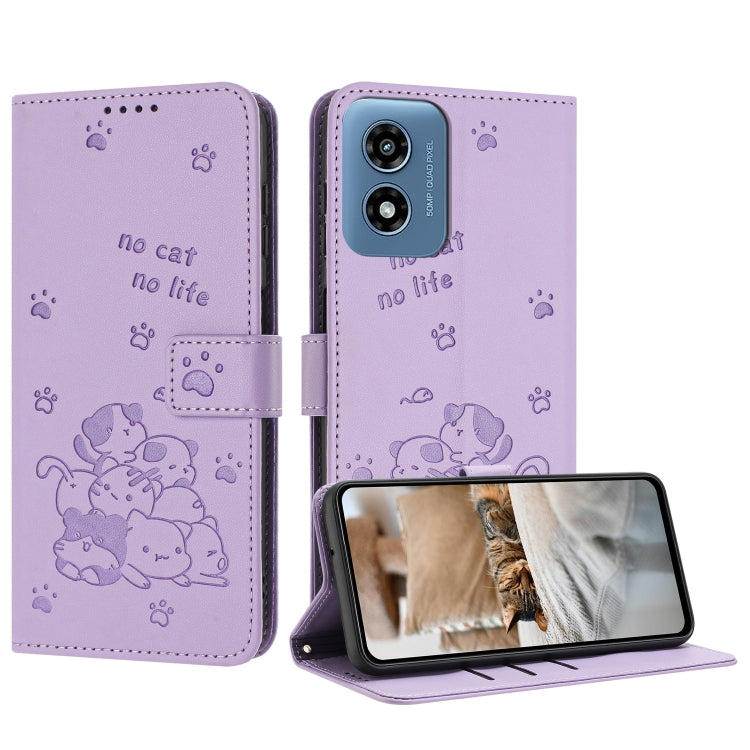 Embossed Kitten Phone Leather Case with Lanyard – Lanyard, Card Slot, Leather, For Motorola Moto G Play 4G 2024, For Motorola Moto G Power 5G 2024, For Motorola Moto G84, For Motorola Edge 40 Neo For Motorola Moto G Play 4G 2024 Purple