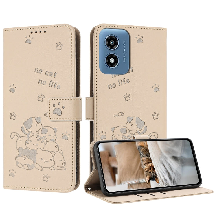 Embossed Kitten Phone Leather Case with Lanyard – Lanyard, Card Slot, Leather, For Motorola Moto G Play 4G 2024, For Motorola Moto G Power 5G 2024, For Motorola Moto G84, For Motorola Edge 40 Neo For Motorola Moto G Play 4G 2024 Beige