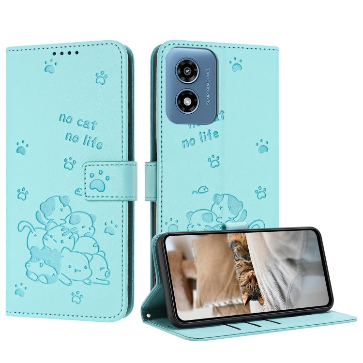 Embossed Kitten Phone Leather Case with Lanyard – Lanyard, Card Slot, Leather, For Motorola Moto G Play 4G 2024, For Motorola Moto G Power 5G 2024, For Motorola Moto G84, For Motorola Edge 40 Neo For Motorola Moto G Play 4G 2024 Mint Green