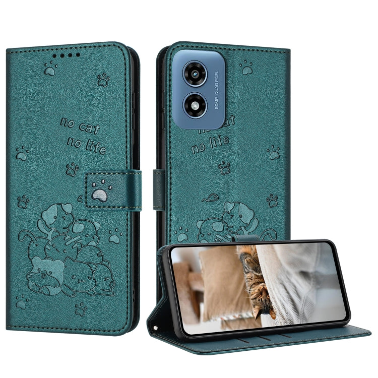 Embossed Kitten Phone Leather Case with Lanyard – Lanyard, Card Slot, Leather, For Motorola Moto G Play 4G 2024, For Motorola Moto G Power 5G 2024, For Motorola Moto G84, For Motorola Edge 40 Neo For Motorola Moto G Play 4G 2024 Dark Green