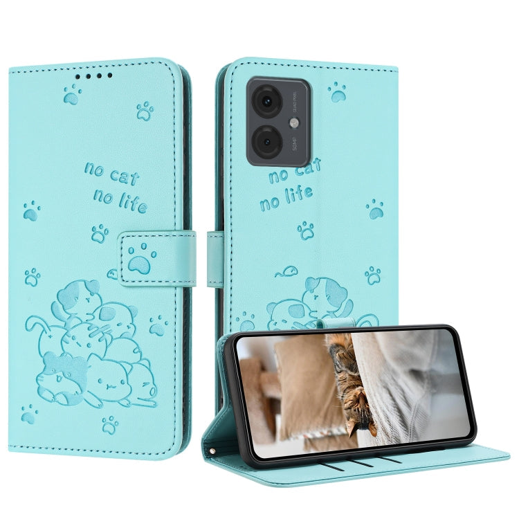 Embossed Kitten Phone Leather Case with Lanyard – Lanyard, Card Slot, Leather, For Motorola Moto S50 / Edge 50 Neo, For Motorola Moto G35, For Motorola Moto G55, For Motorola Moto G04 / G24 / G04s For Motorola Moto G04 G24 G04s Mint Green