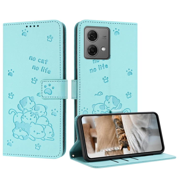 Embossed Kitten Phone Leather Case with Lanyard – Lanyard, Card Slot, Leather, For Motorola Moto G Play 4G 2024, For Motorola Moto G Power 5G 2024, For Motorola Moto G84, For Motorola Edge 40 Neo For Motorola Moto G84 Mint Green