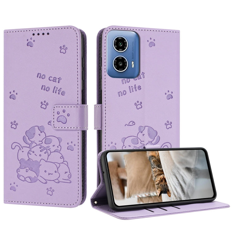 Embossed Kitten Phone Leather Case with Lanyard – Lanyard, Card Slot, Leather, For Motorola Moto G85, For Motorola Edge 2024 5G, For Motorola Edge 50 Ultra, For Motorola Edge 50 Pro For Motorola Moto G85 Purple
