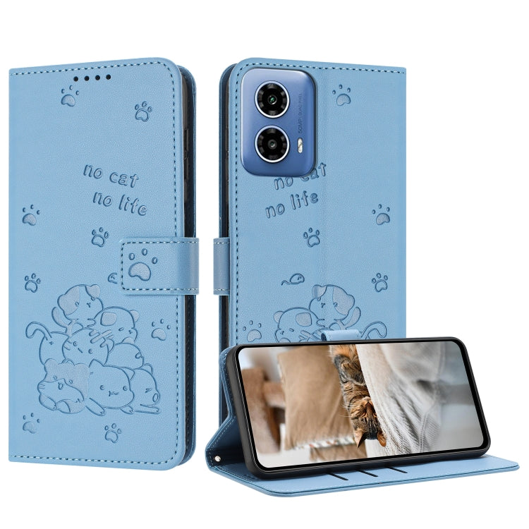 Embossed Kitten Phone Leather Case with Lanyard – Lanyard, Card Slot, Leather, For Motorola Moto G85, For Motorola Edge 2024 5G, For Motorola Edge 50 Ultra, For Motorola Edge 50 Pro For Motorola Moto G85 Blue