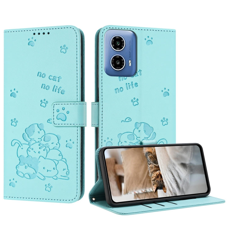 Embossed Kitten Phone Leather Case with Lanyard – Lanyard, Card Slot, Leather, For Motorola Moto G85, For Motorola Edge 2024 5G, For Motorola Edge 50 Ultra, For Motorola Edge 50 Pro For Motorola Moto G85 Mint Green