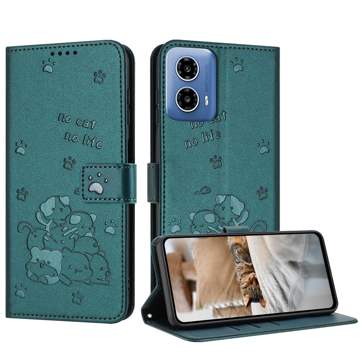 Embossed Kitten Phone Leather Case with Lanyard – Lanyard, Card Slot, Leather, For Motorola Moto G85, For Motorola Edge 2024 5G, For Motorola Edge 50 Ultra, For Motorola Edge 50 Pro For Motorola Moto G85 Dark Green