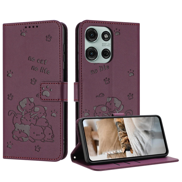 Embossed Kitten Phone Leather Case with Lanyard – Lanyard, Card Slot, Leather, For Motorola Moto G15, For Motorola Moto G 5G 2025, For Motorola Moto G Power / G Play 2025, For Motorola Moto G75 For Motorola Moto G75 Wine Red