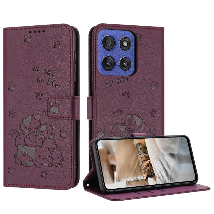 Embossed Kitten Phone Leather Case with Lanyard – Lanyard, Card Slot, Leather, For Motorola Edge 60 Pro, For Motorola Edge 60 Fusion, For Motorola Moto G Stylus 5G 2025, For Motorola Moto G05 For Motorola Moto G Stylus 5G 2025 Wine Red