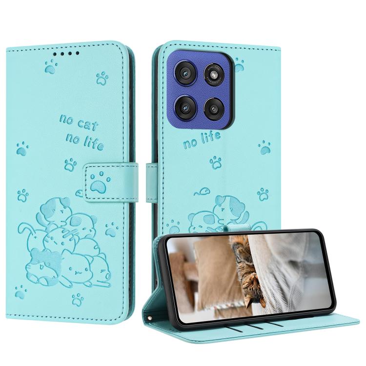 Embossed Kitten Phone Leather Case with Lanyard – Lanyard, Card Slot, Leather, For Motorola Edge 60 Pro, For Motorola Edge 60 Fusion, For Motorola Moto G Stylus 5G 2025, For Motorola Moto G05 For Motorola Edge 60 Fusion Mint Green
