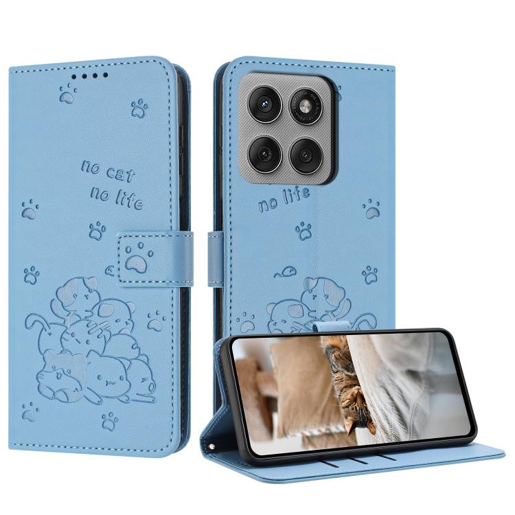 Embossed Kitten Phone Leather Case with Lanyard – Lanyard, Card Slot, Leather, For Motorola Edge 60 Pro, For Motorola Edge 60 Fusion, For Motorola Moto G Stylus 5G 2025, For Motorola Moto G05 For Motorola Edge 60 Pro Blue