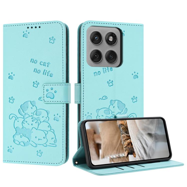 Embossed Kitten Phone Leather Case with Lanyard – Lanyard, Card Slot, Leather, For Motorola Edge 60 Pro, For Motorola Edge 60 Fusion, For Motorola Moto G Stylus 5G 2025, For Motorola Moto G05 For Motorola Edge 60 Pro Mint Green
