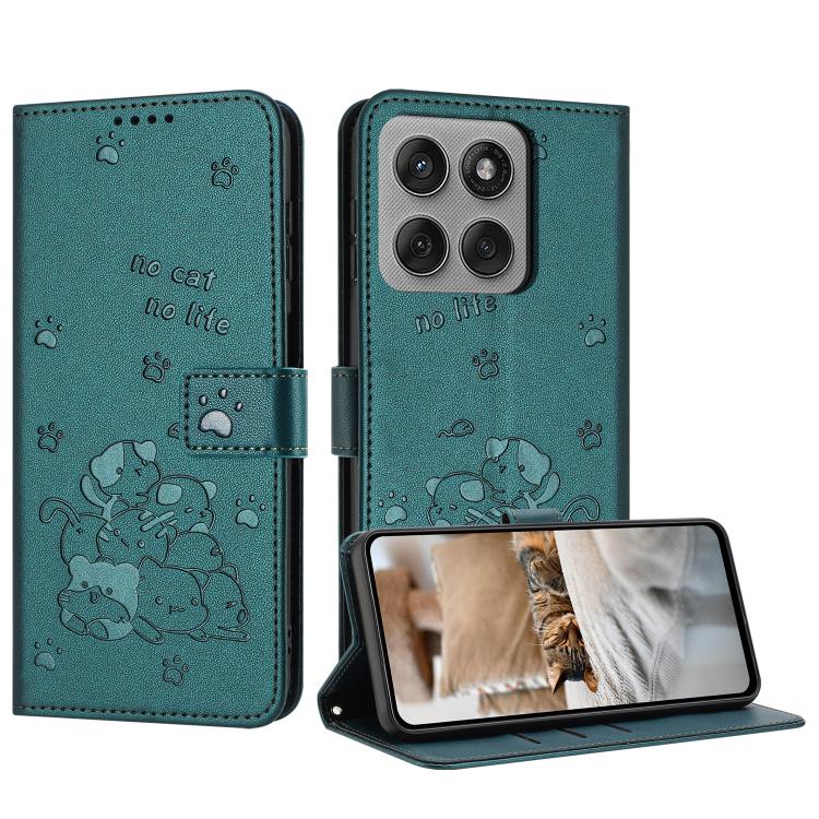 Embossed Kitten Phone Leather Case with Lanyard – Lanyard, Card Slot, Leather, For Motorola Edge 60 Pro, For Motorola Edge 60 Fusion, For Motorola Moto G Stylus 5G 2025, For Motorola Moto G05 For Motorola Edge 60 Pro Dark Green