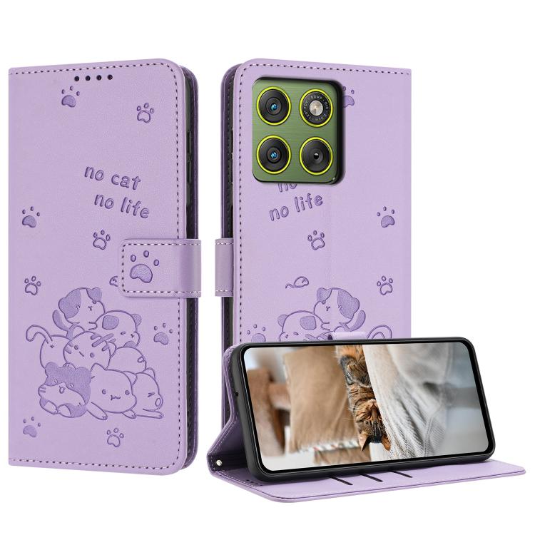 Embossed Kitten Phone Leather Case with Lanyard – Lanyard, Card Slot, Leather, For Motorola Edge 70 5G, For Motorola Moto G06 4G, For Motorola Moto G86 5G, For Motorola Moto G56 5G For Motorola Edge 70 5G Purple