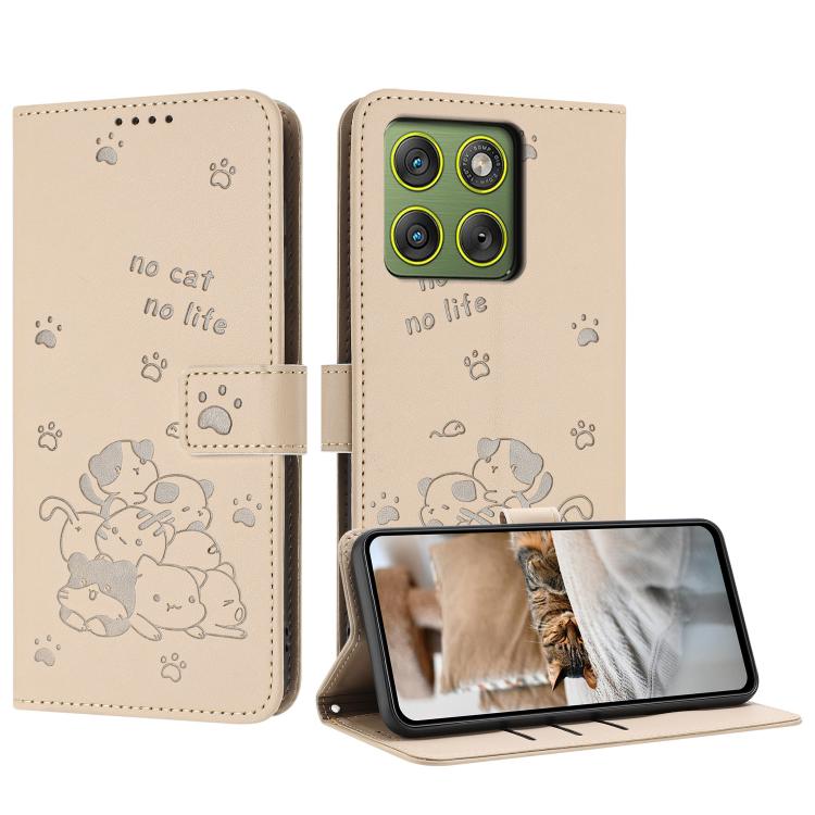 Embossed Kitten Phone Leather Case with Lanyard – Lanyard, Card Slot, Leather, For Motorola Edge 70 5G, For Motorola Moto G06 4G, For Motorola Moto G86 5G, For Motorola Moto G56 5G For Motorola Edge 70 5G Beige