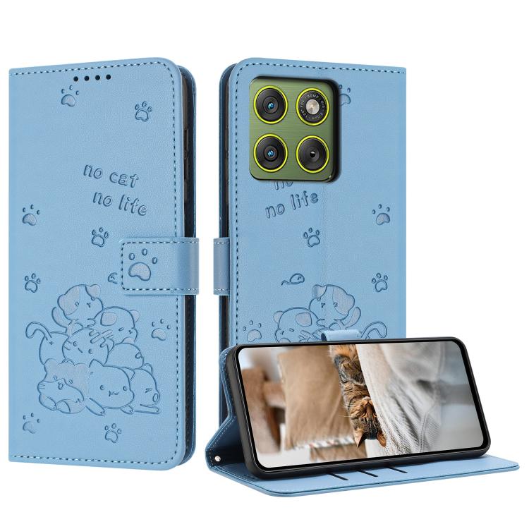 Embossed Kitten Phone Leather Case with Lanyard – Lanyard, Card Slot, Leather, For Motorola Edge 70 5G, For Motorola Moto G06 4G, For Motorola Moto G86 5G, For Motorola Moto G56 5G For Motorola Edge 70 5G Blue