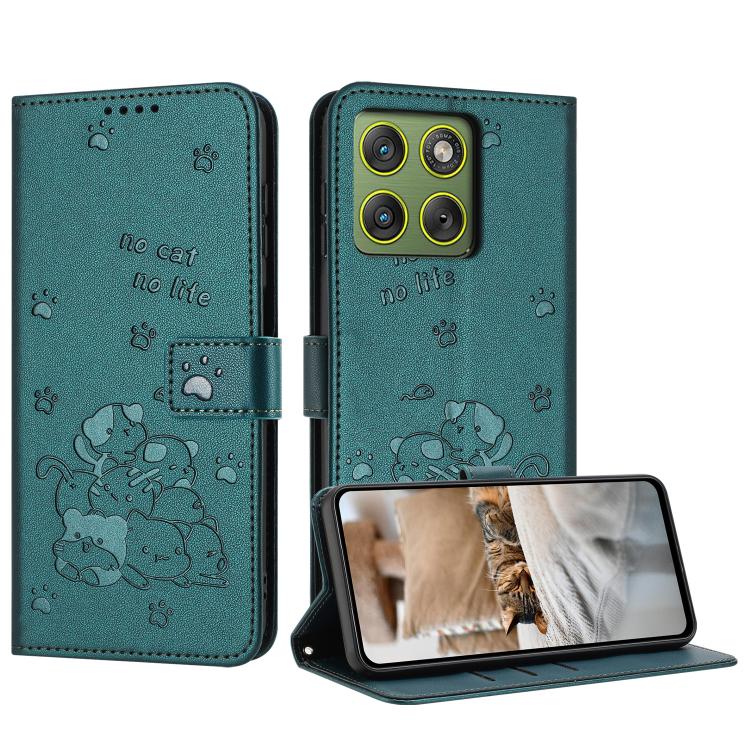 Embossed Kitten Phone Leather Case with Lanyard – Lanyard, Card Slot, Leather, For Motorola Edge 70 5G, For Motorola Moto G06 4G, For Motorola Moto G86 5G, For Motorola Moto G56 5G For Motorola Edge 70 5G Dark Green