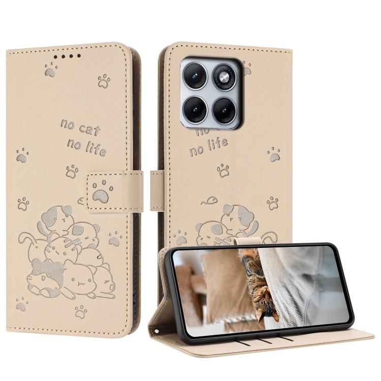 Embossed Kitten Phone Leather Case with Lanyard – Lanyard, Card Slot, Leather, For Motorola Edge 70 Pro 5G, For Motorola Moto G17 / G17 Power 4G, For Motorola Edge 70 Fusion 5G, For Motorola Moto G67 Power / G57 Power For Motorola Edge 70 Fusion 5G Beige