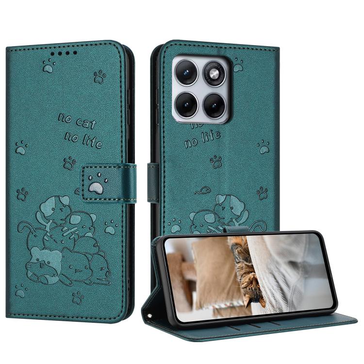 Embossed Kitten Phone Leather Case with Lanyard – Lanyard, Card Slot, Leather, For Motorola Edge 70 Pro 5G, For Motorola Moto G17 / G17 Power 4G, For Motorola Edge 70 Fusion 5G, For Motorola Moto G67 Power / G57 Power For Motorola Edge 70 Fusion 5G Dark Green