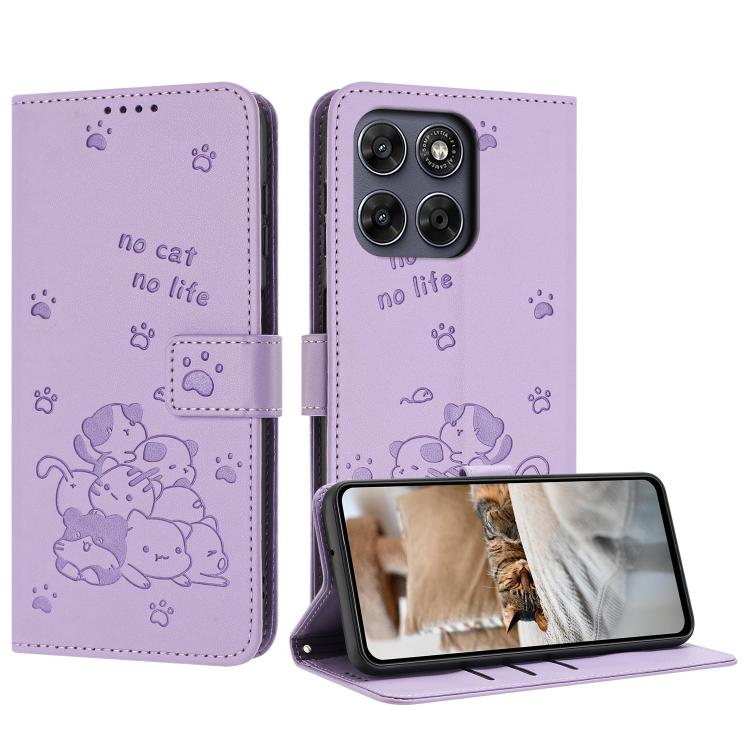 Embossed Kitten Phone Leather Case with Lanyard – Lanyard, Card Slot, Leather, For Motorola Edge 70 Max 5G, For Motorola Moto G Max / G87 / G77 5G, For Motorola Edge 5G 2026, For Motorola Moto G37 / G37 Power / G47 For Motorola Moto G Max G87 G77 5G Purple